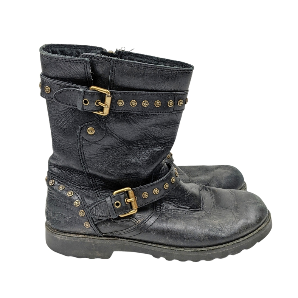 Ugg Jamie Black Leather Zip Up Moto Boot Big Kid Girls Studded Size US 3